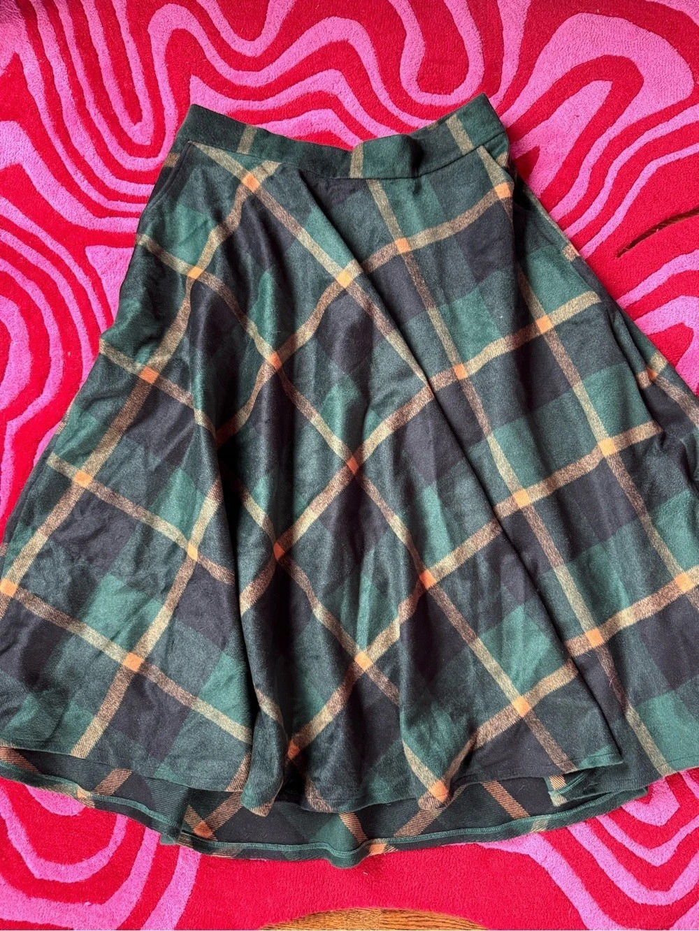 Xiaolizi Green Plaid Wool Blend Flared Maxi Skirt Pockets XL / 1X Runs Large